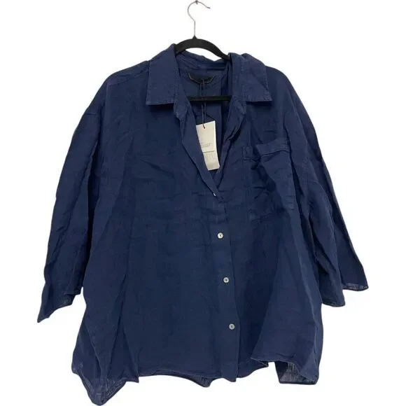 Zara Womens Oversized Linen Shirt Top XL Ink Blue Button Up 4043/057 NWT